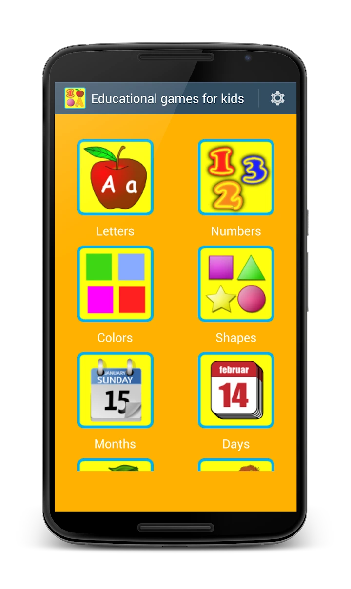 Real Educational Games for Kids screen, with letters, numbers, colors and shapes, inside an illustrative modern Android smartphone
